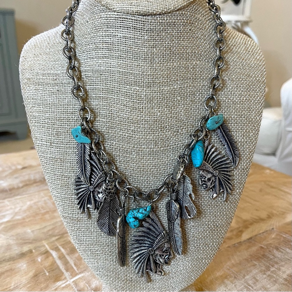Native American Silver & Turquoise Feather Pendant Charm Chain Necklace
